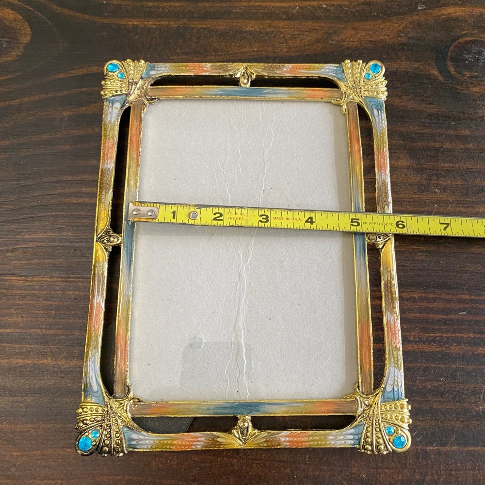 Vintage Art Nouveau Style Enameled Metal Photo Frame Gold Blue Rhinestone 5x7 - Picture 7 of 8